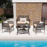 4 Pieces Rattan Wicker Chairs With Tempered Glass Table And Cushions - Furniture Home Direct