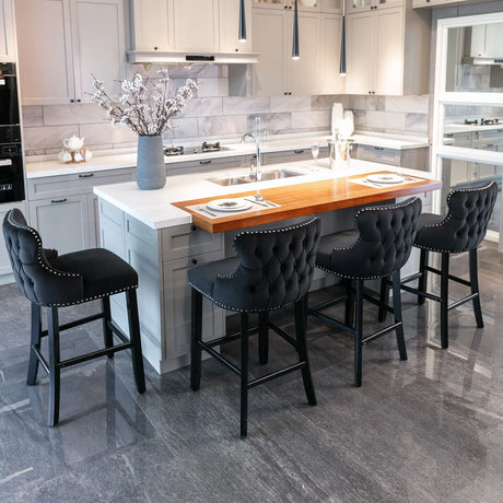 Contemporary Velvet Upholstered Wing-Back Barstools With Button Tufted Decoration And Wooden Legs, And Chrome Nailhead Trim, Leisure Style Bar Chairs, Bar Stools (Set of 4) - Furniture Home Direct