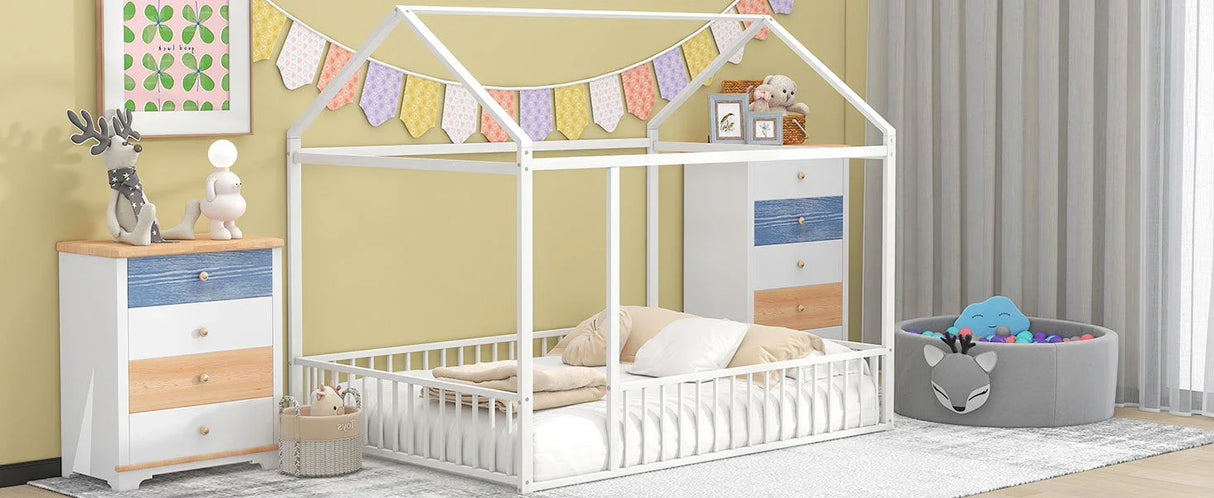 Metal Bed House Bed Frame With Fence - Furniture Home Direct