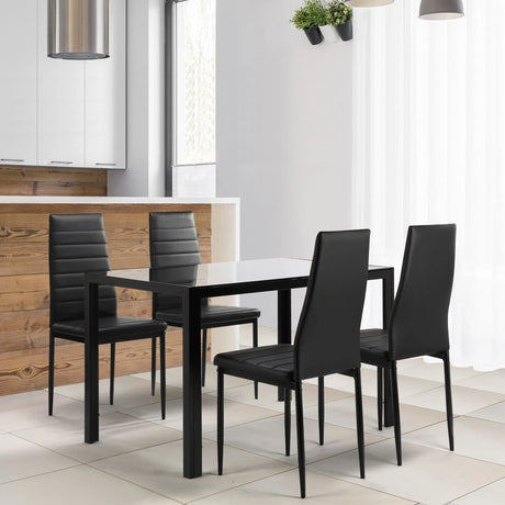 5 Pieces Dining Table Set For 4, Kitchen Room Tempered Glass Dining Table, 4 Faux Leather Chairs - Black - Furniture Home Direct