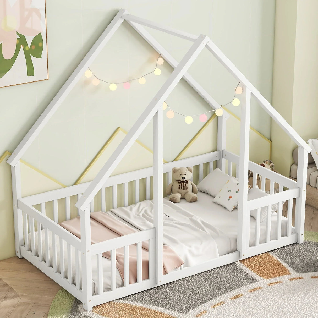 Wood House-Shaped Floor Bed With Fence, Guardrails - Furniture Home Direct