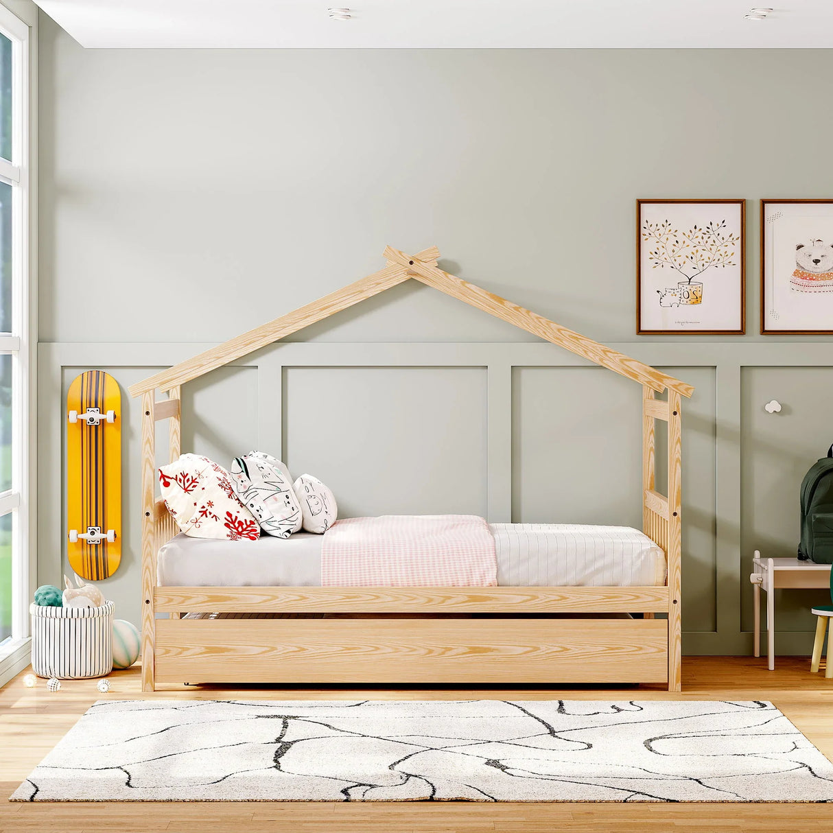 Wooden House Bed With Twin Size Trundle - Furniture Home Direct