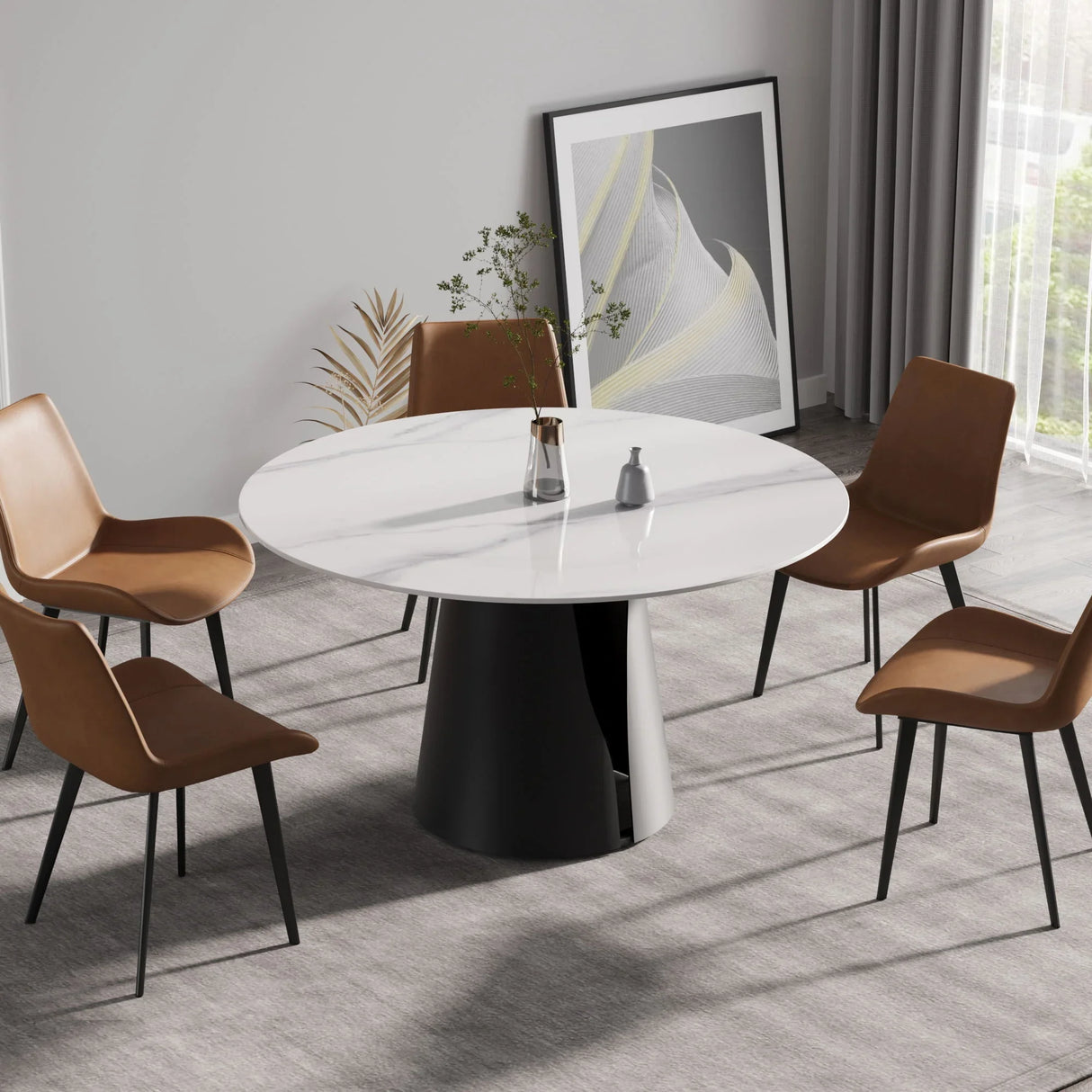 53.15" Modern Artificial Stone Round Carbon Steel Base Dining Table, Can Accommodate 6 People - White / Black - Furniture Home Direct