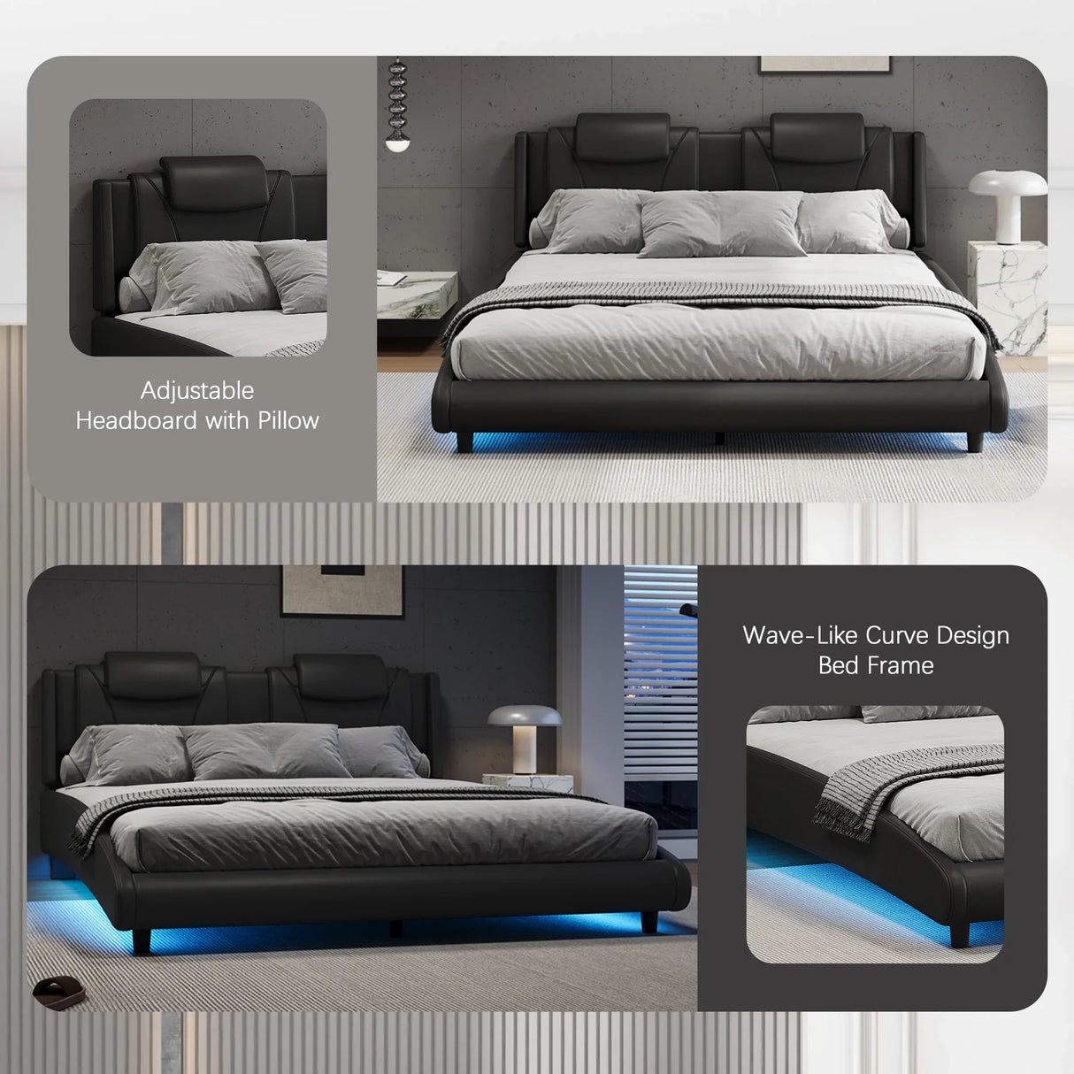 Platform Bed Leather Upholstered Headboard LED Black - Furniture Home Direct