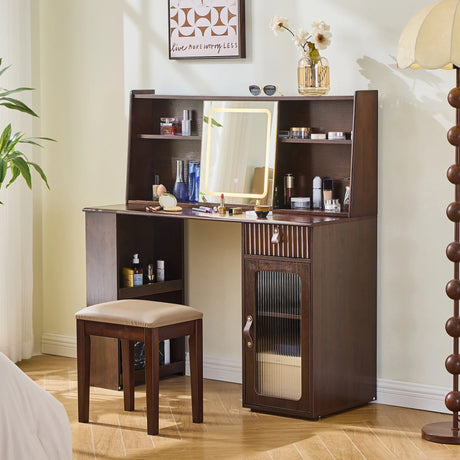 Vanity Desk With Hutch Mirror Storage And Drawers Walnut - Furniture Home Direct