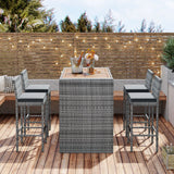 5 Pieces Outdoor Patio Wicker Bar Set, Bar Height Chairs With Non-Slip Feet And Fixed Rope, Removable Cushion, Acacia Wood Table Top - Brown / Gray - Furniture Home Direct