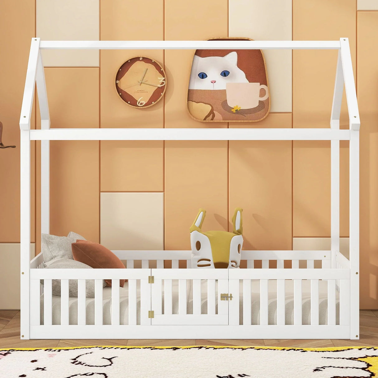 Wood House Bed With Fence And Door - Furniture Home Direct