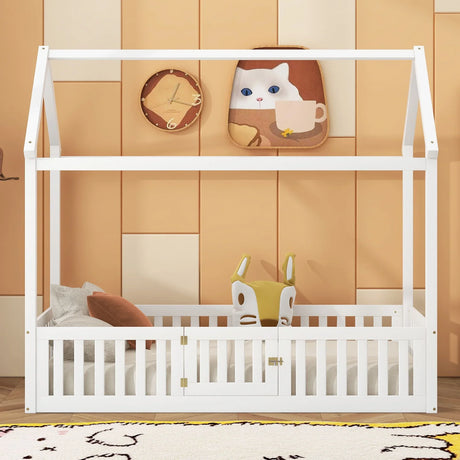 Wood House Bed With Fence And Door - Furniture Home Direct