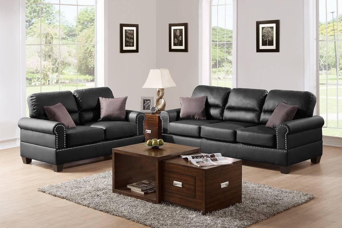 Black Bonded Leather 2 Piece living Room Set (Sofa and Love Seat) - Black - Furniture Home Direct