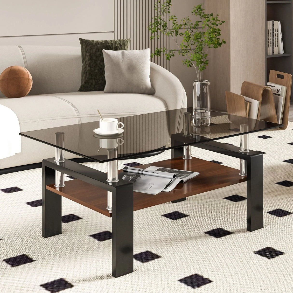 Modern Rectangular Coffee Table With Tempered Transparent Glass Top And Storage Shelf - Furniture Home Direct