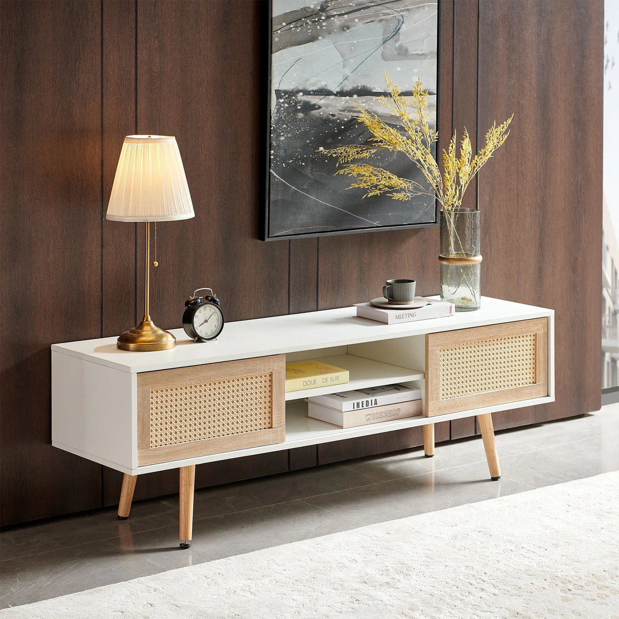 55.12" Rattan TV Cabinet, Double Sliding Doors For Storage, Adjustable Shelf, Solid Wood Legs, TV Console For Living Room - Furniture Home Direct
