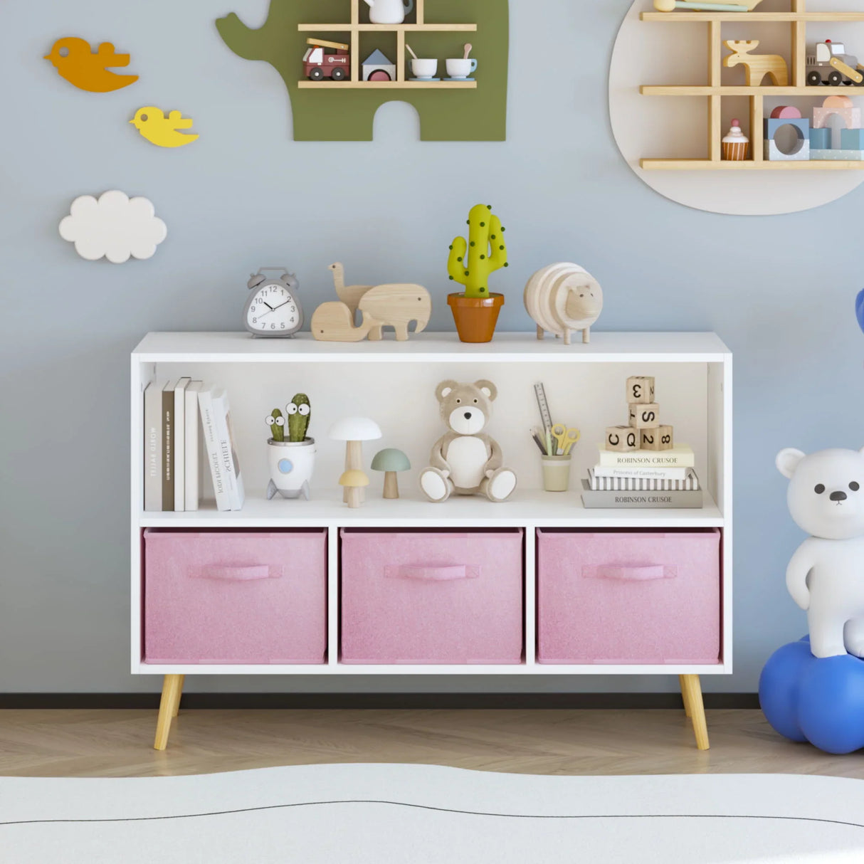 Kids Bookcase With Collapsible Fabric Drawers, Children's Book Display, Toy Storage Cabinet Organizer - White / Pink - Furniture Home Direct