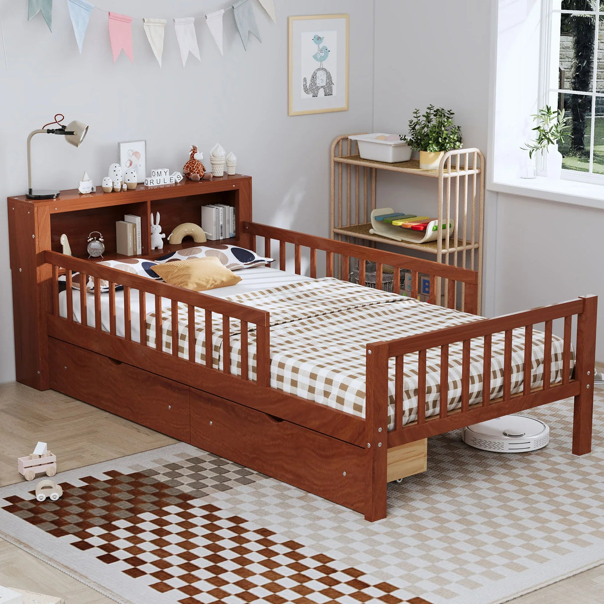 Bed With Headboard Storage Rack, 2 Under Bed Drawers, 3 Side Guardrails For Safety - Furniture Home Direct