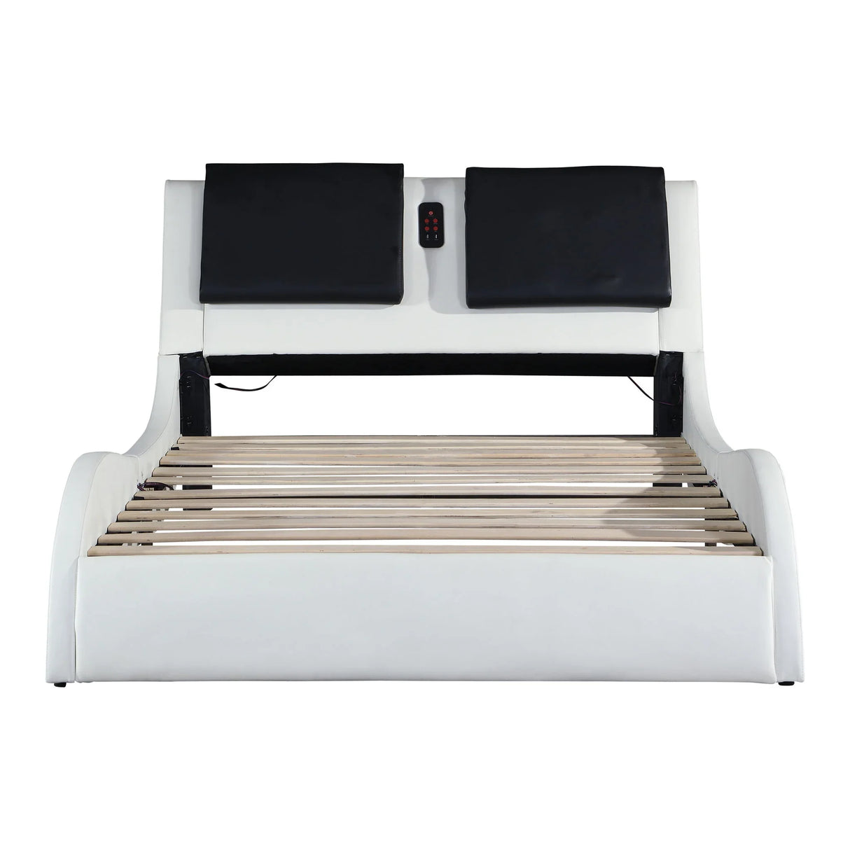 Upholstered Platform Bed Frame With LED Lighting, Bluetooth Connection To Play Music Control, Backrest Vibration Massage, Curve Design, Wood Slat Support, Exhibited Speakers - Furniture Home Direct