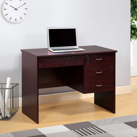 Three Locking Drawers On Metal Glides Student Desk Work Desk Modesty Panel Metal Bar Handles - Mahogany - Furniture Home Direct