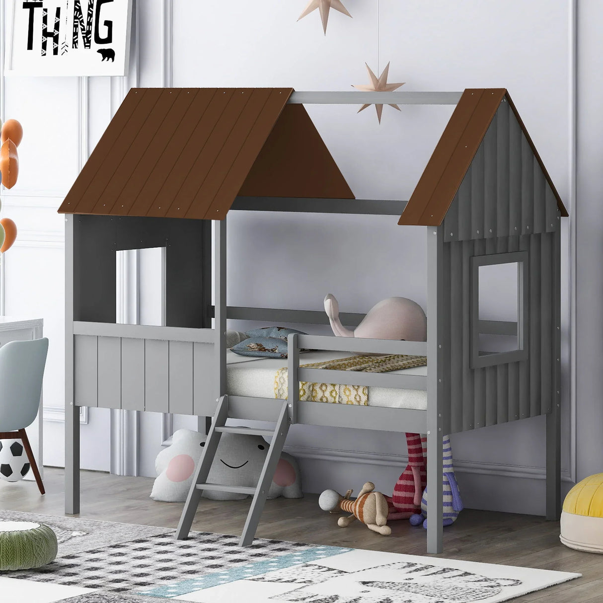 Twin Size Low Loft House Bed With Two Side Windows - Gray / Brown - Furniture Home Direct