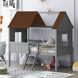 Twin Size Low Loft House Bed With Two Side Windows - Gray / Brown - Furniture Home Direct