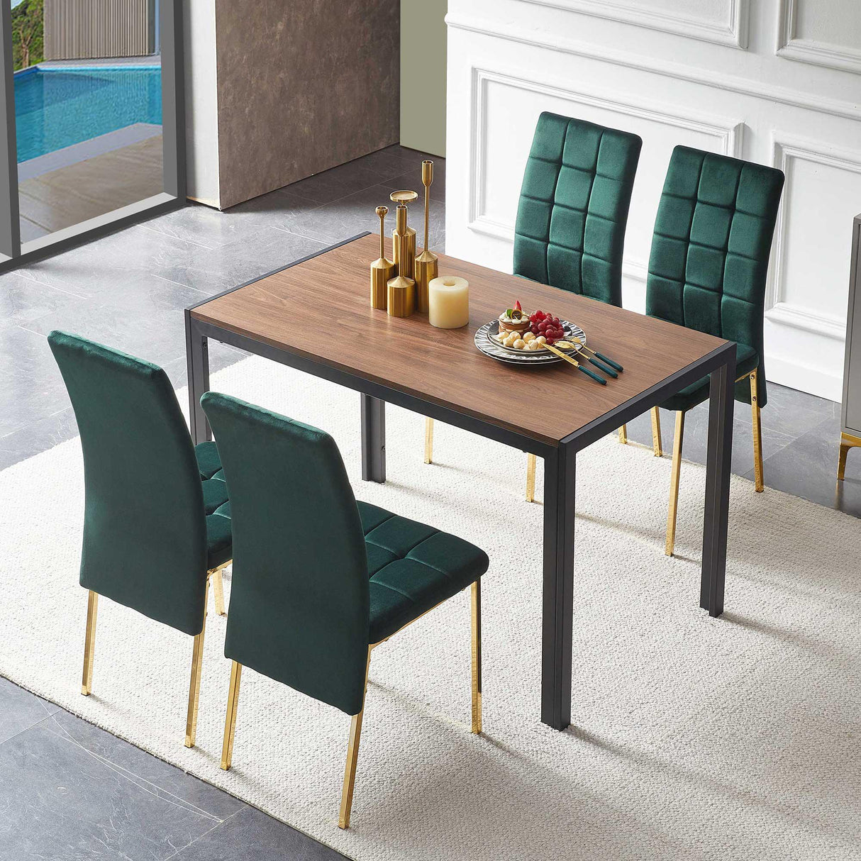 5 Pieces Dining Set Including Velvet High Back Golden Color Legs Nordic Dining Chair & Creative Design Dining Table - Furniture Home Direct