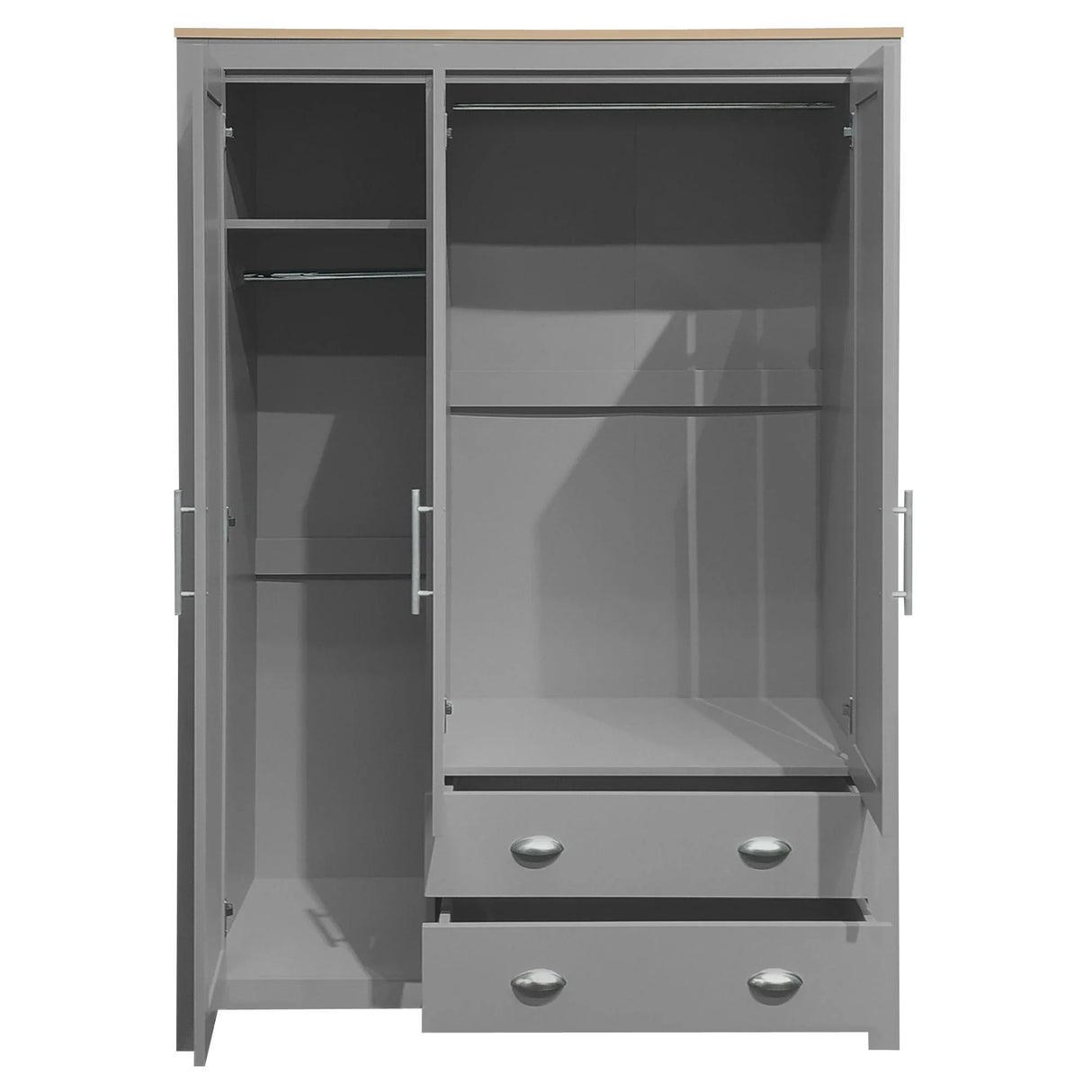 3 Door Storage Wardrobe With Cabinets And 2 Hanging Rods - Gray - Furniture Home Direct