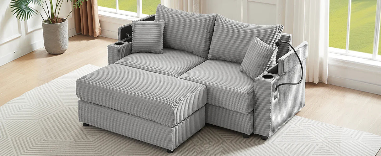 Modern Style Loveseat With Storage, Ottoman, Two USB Ports, Two Cup Holders and Phone Holder - Gray - Furniture Home Direct