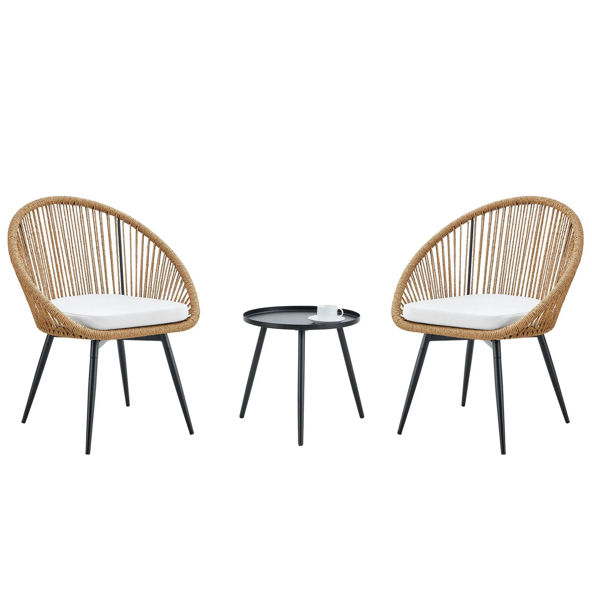 Modern 3 Piece Set, Anti - Spill Round Coffee Table, 2 Rattan Swivel Chairs, Outdoor Patio Furniture For Tea Time - Black / Wood - Furniture Home Direct