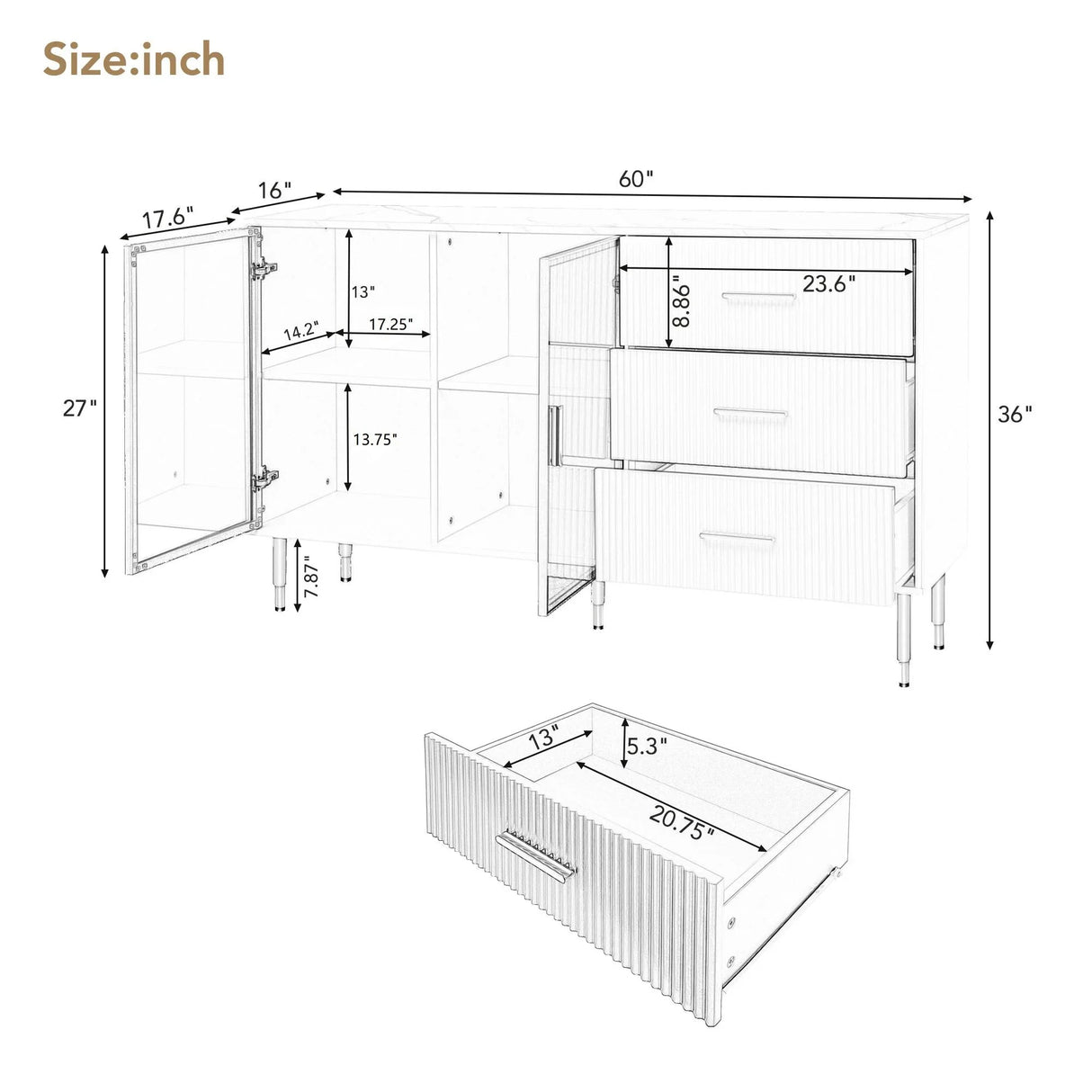 Modern Sideboard Buffet Cabinet Marble Sticker Tabletop And Amber-Yellow Tempered Glass Doors With Gold Metal Legs & Handles - Furniture Home Direct