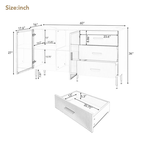 Modern Sideboard Buffet Cabinet Marble Sticker Tabletop And Amber-Yellow Tempered Glass Doors With Gold Metal Legs & Handles - Furniture Home Direct