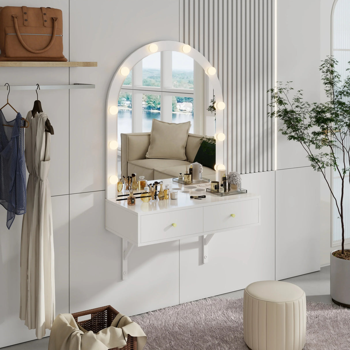 Floating Vanity Desk With Lighted Mirror And Drawers White - Furniture Home Direct