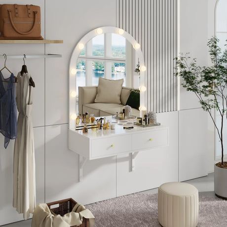 Floating Vanity Desk With Lighted Mirror And Drawers White - Furniture Home Direct