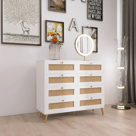 8 Drawers Chest Of Drawers With Rattan Drawer Face Golden Legs And Handles - White - Furniture Home Direct