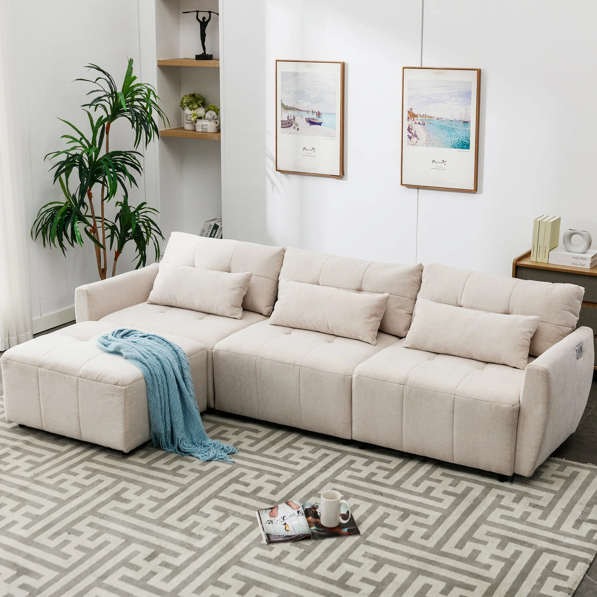 113.3 Modular Sectional With Ottoman And USB C Ports Beige - Furniture Home Direct
