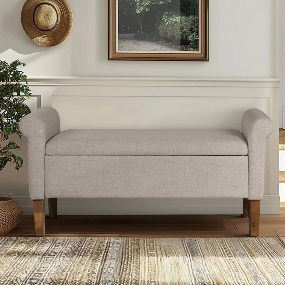 Upholstered Storage Bench With Rolled Armrests - Beige - Furniture Home Direct