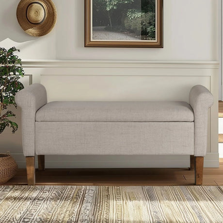 Upholstered Storage Bench With Rolled Armrests - Beige - Furniture Home Direct