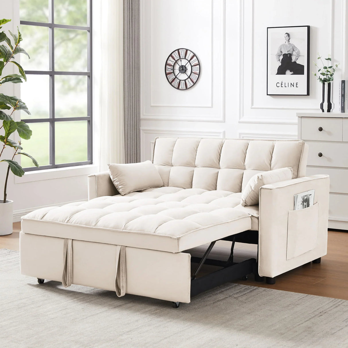 Modern Velvet Convertible Loveseat Futon Sofa With Pullout Bed, Reclining Backrest - Furniture Home Direct