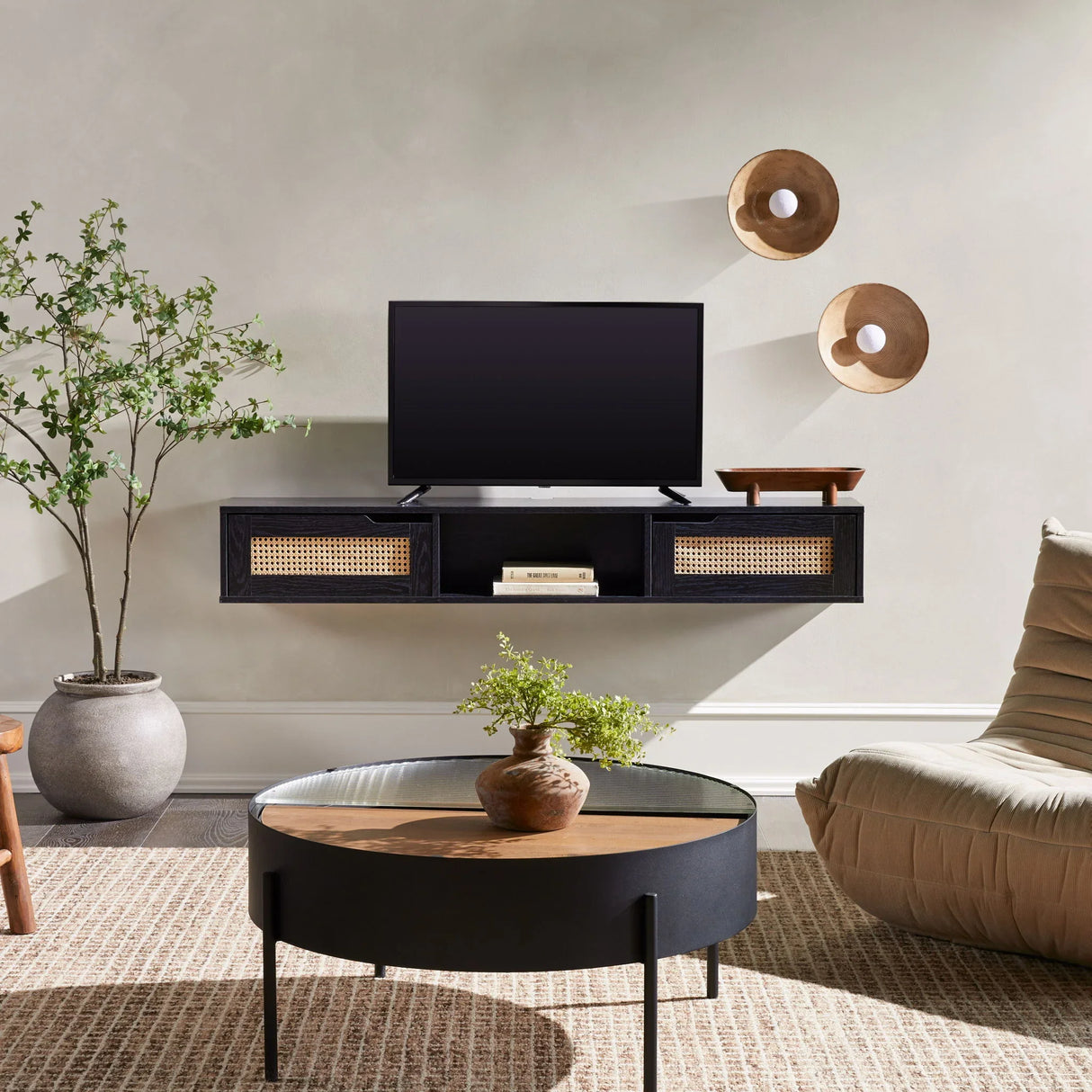 Modern Rattan Door Floating TV Stand For TVs Up To 65" - Furniture Home Direct