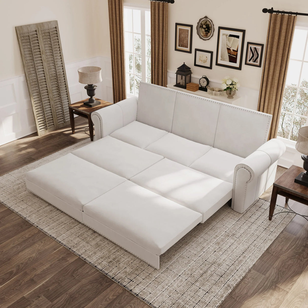 3 In 1 Convertible Sleeper Sofa With Nailhead Trim & Rolled Arm - Furniture Home Direct