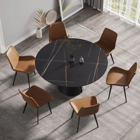 Modern Artificial Stone Round Carbon Steel Base Dining Table, Can Accommodate 6 People - Black / Gold - Furniture Home Direct