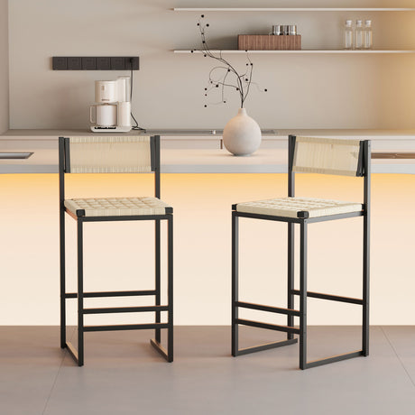 Creamy White Paper Rope Bar Stool With Backrest, Black Metal