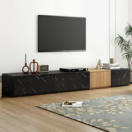 TV Stand With Faux Marble Walnut Finish Low Profile Black - Furniture Home Direct