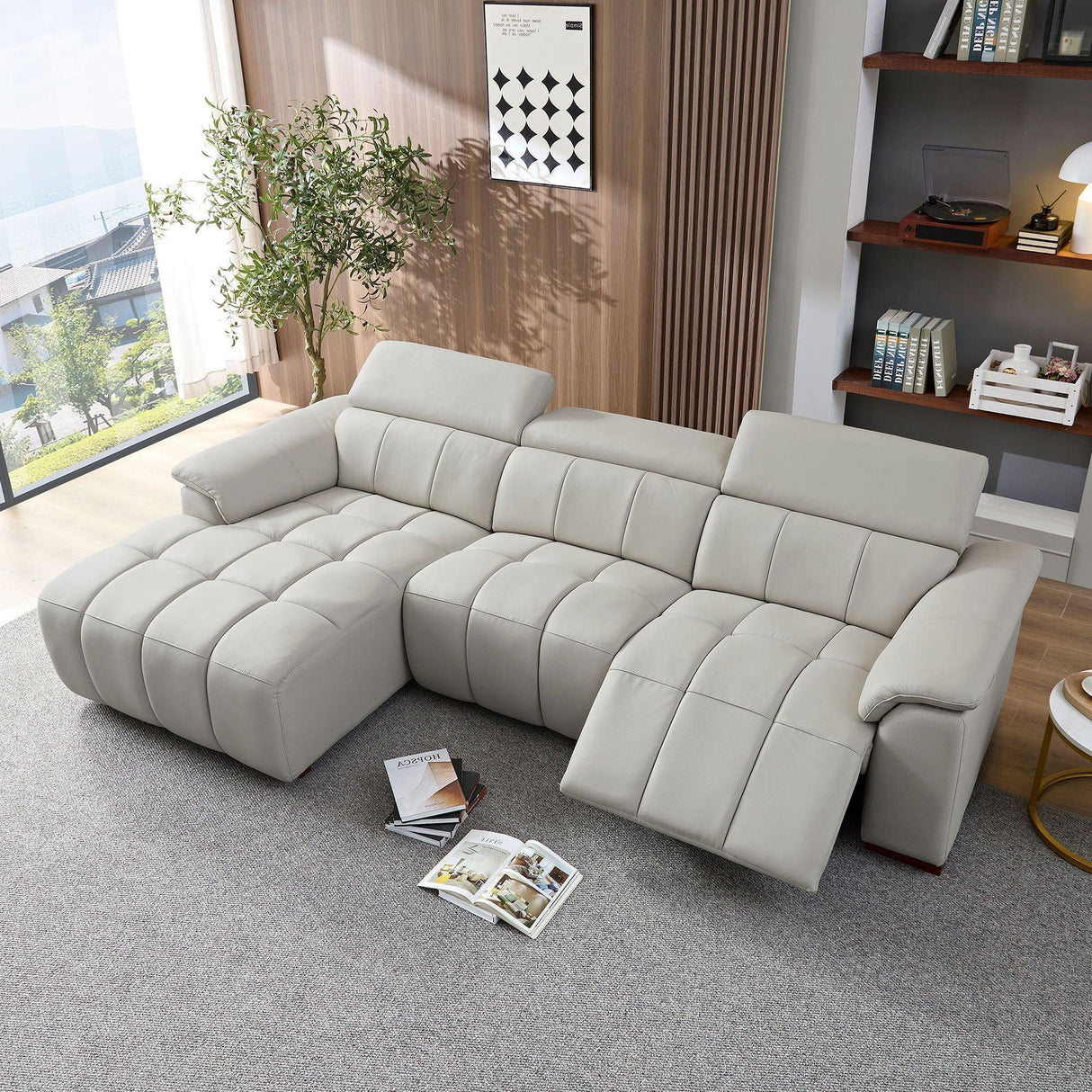 Genuine Leather Power Reclining Sectional - Light Gray - Furniture Home Direct
