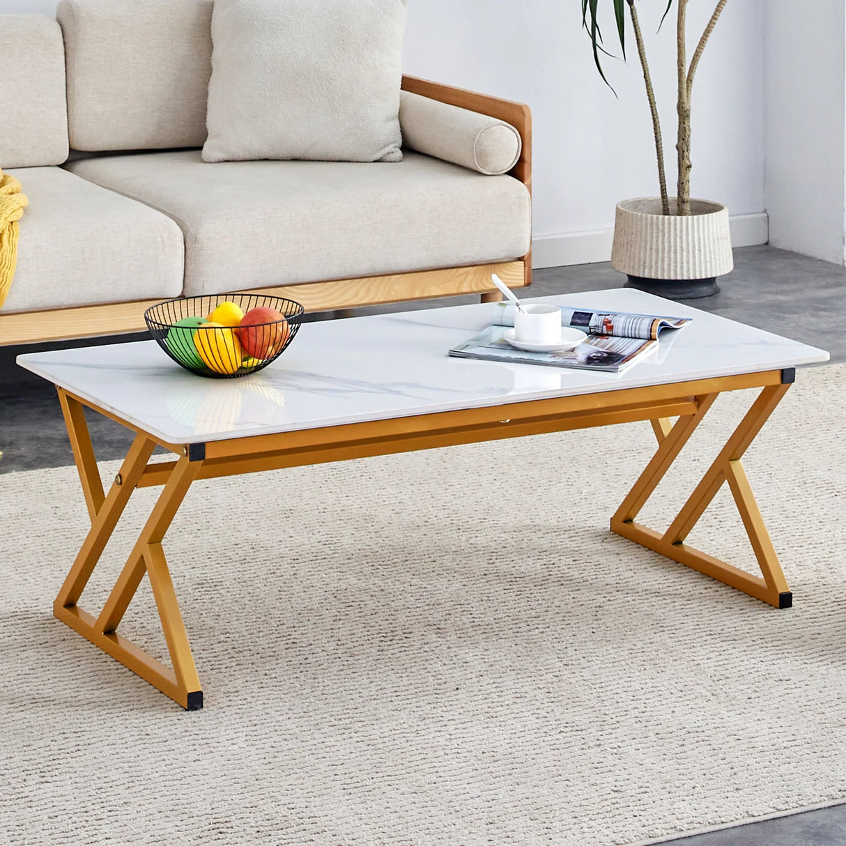 Coffee Table Marble Top Contemporary With Gold Frame White - Furniture Home Direct