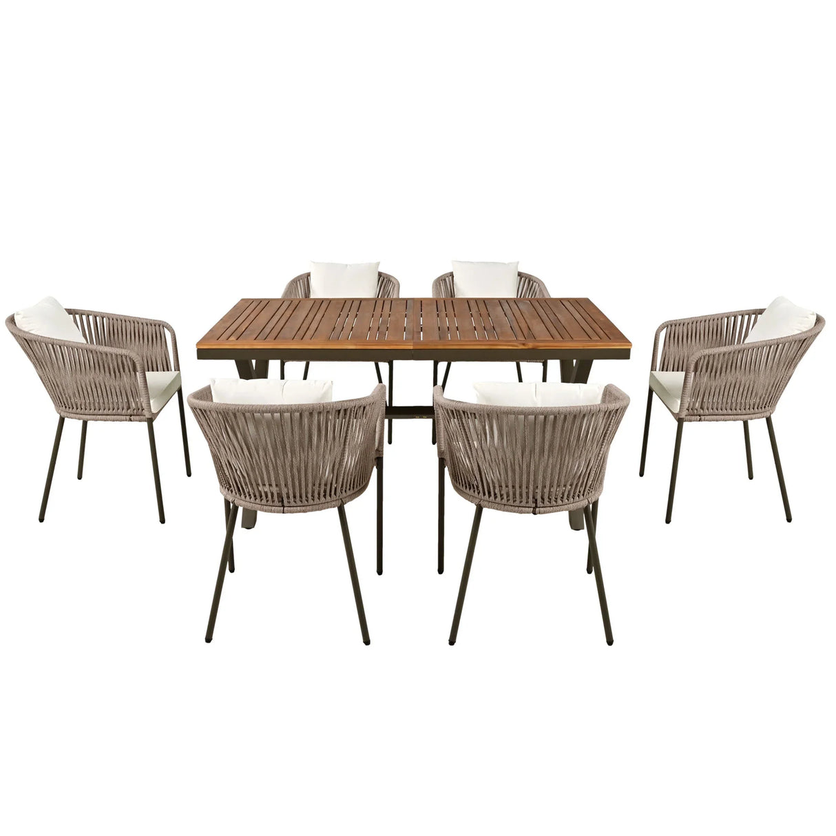 7 Piece All-Weather Patio Dining Set with Acacia Wood Tabletop and Metal Frame - Beige - Furniture Home Direct