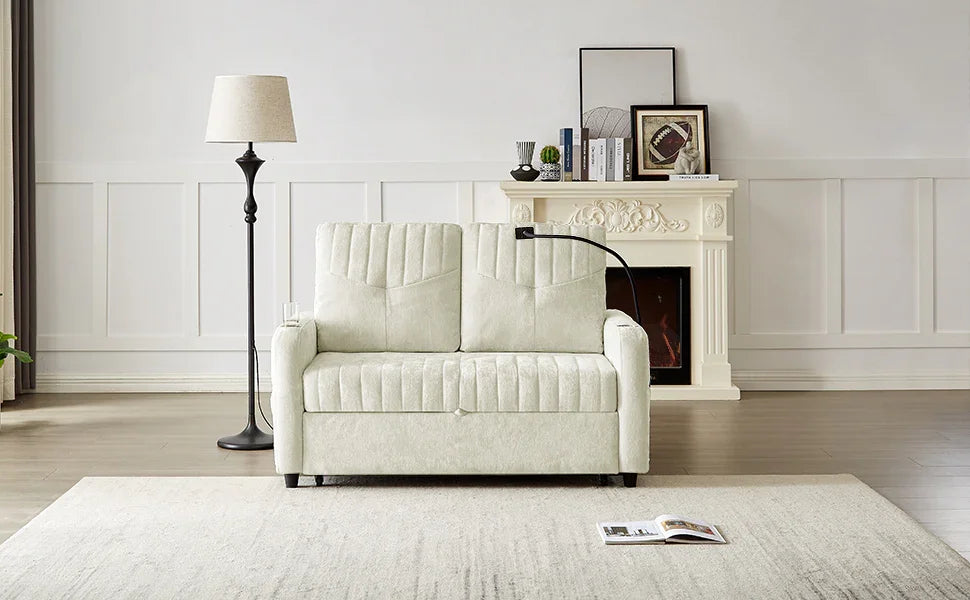 Sleeper Sofa With Adjustable Backrest, Two Cup Holders, Phone Holder, Three Charging Ports And Side Storage Pockets- Beige - Furniture Home Direct