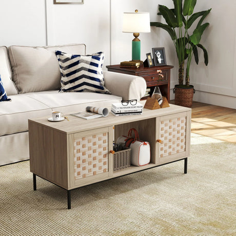 Elegant Veener Weaving Design Coffee Table With 4 Sliding Doors - Natural Wood - Furniture Home Direct