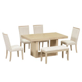 Dining Set Extendable Pedestal Table Bench And Chairs Beige - Furniture Home Direct