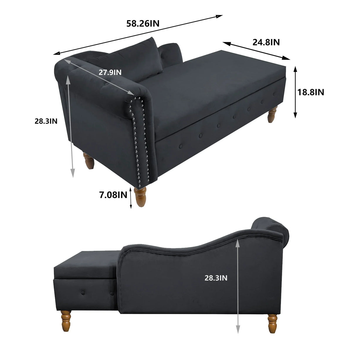 Chaise Lounge Indoor, Velvet Lounge Chair For Bedroom With Storage & Pillow, Modern Upholstered Rolled Arm Chase Lounge For Sleeping With Nailhead Trim For Living Room Bedroom Office - Furniture Home Direct