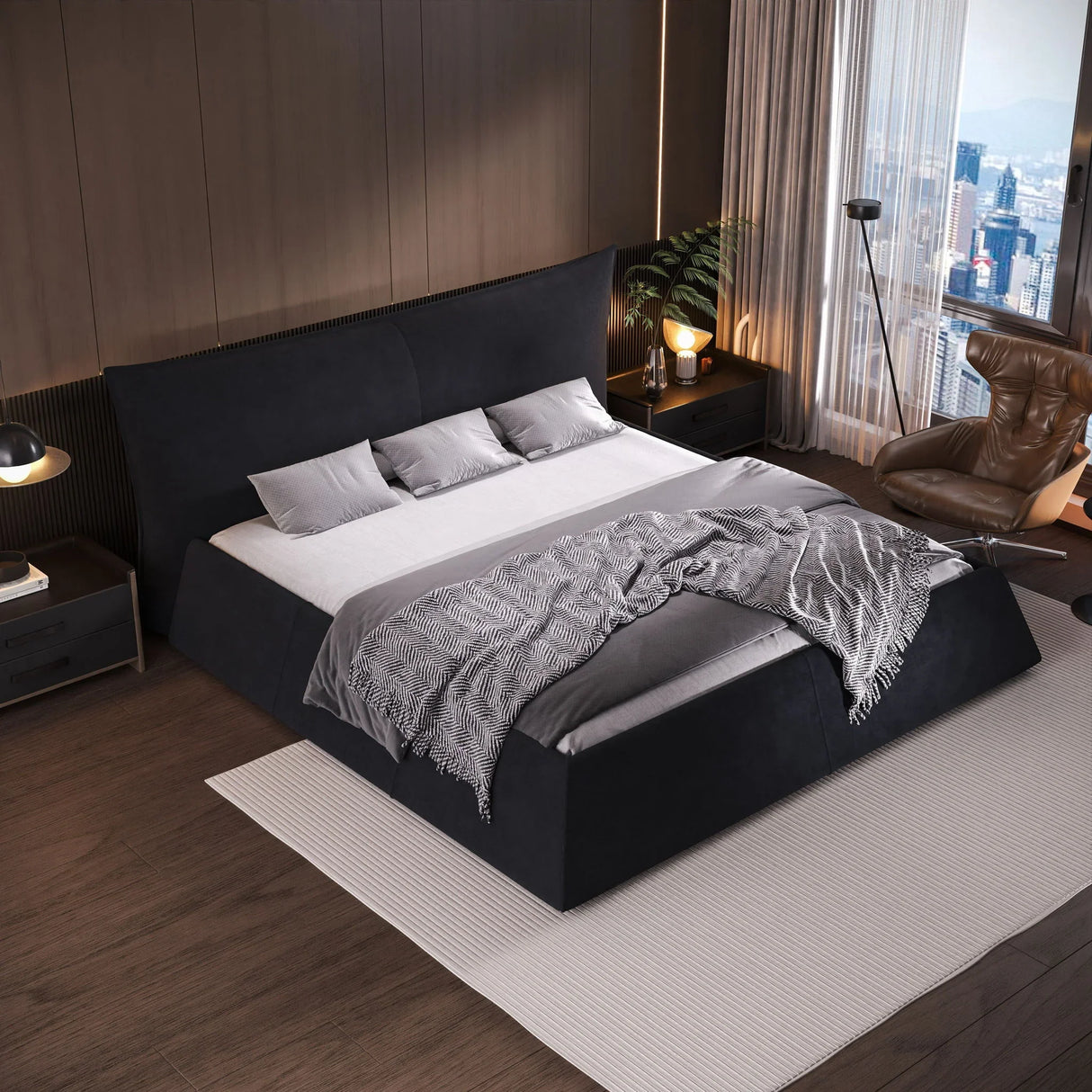 Upholstered Platform Bed With Special Shaped Velvet Headboard - Furniture Home Direct