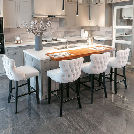 Contemporary Velvet Upholstered Wing-Back Barstools With Button Tufted Decoration And Wooden Legs, And Chrome Nailhead Trim, Leisure Style Bar Chairs, Bar Stools (Set of 4) - Furniture Home Direct