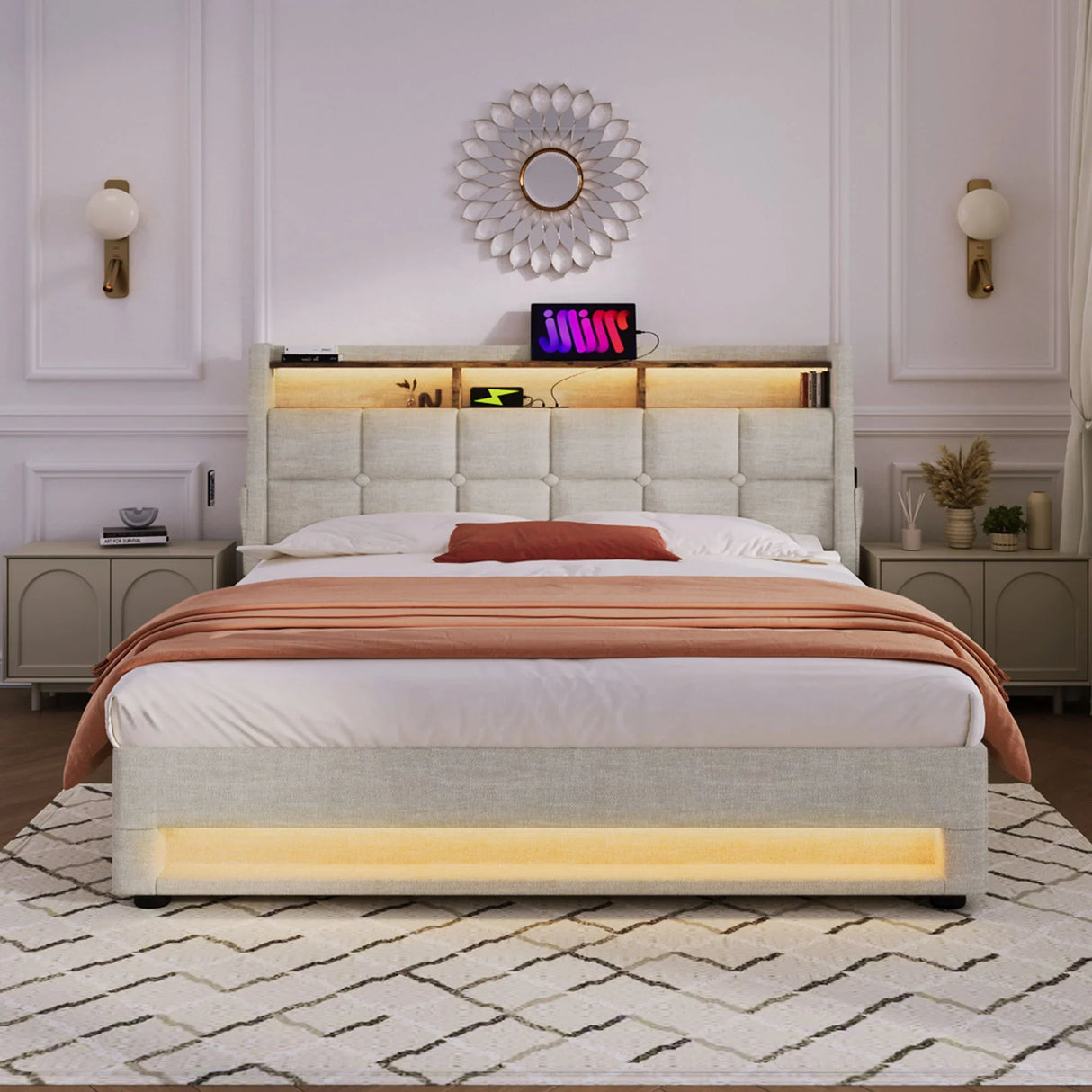 Upholstered Platform Bed With A Hydraulic Storage System, LED And USB Charging (Without Mattress) - Furniture Home Direct