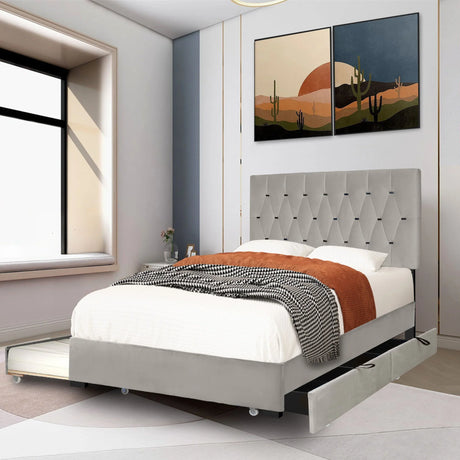 Trundle Pull Out Drawers Storage Upholstered Bed Modern Design No Box Spring Required - Furniture Home Direct